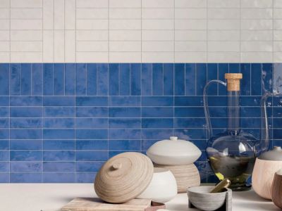 White Subway Tiles with Navy Blue